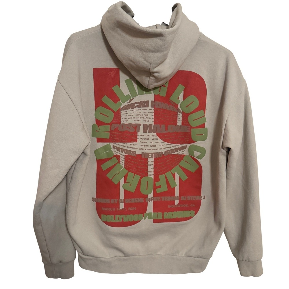 Rolling Loud Hoodie Sweater Mens Large Hollywood park grounds 2024 Graphic cream
